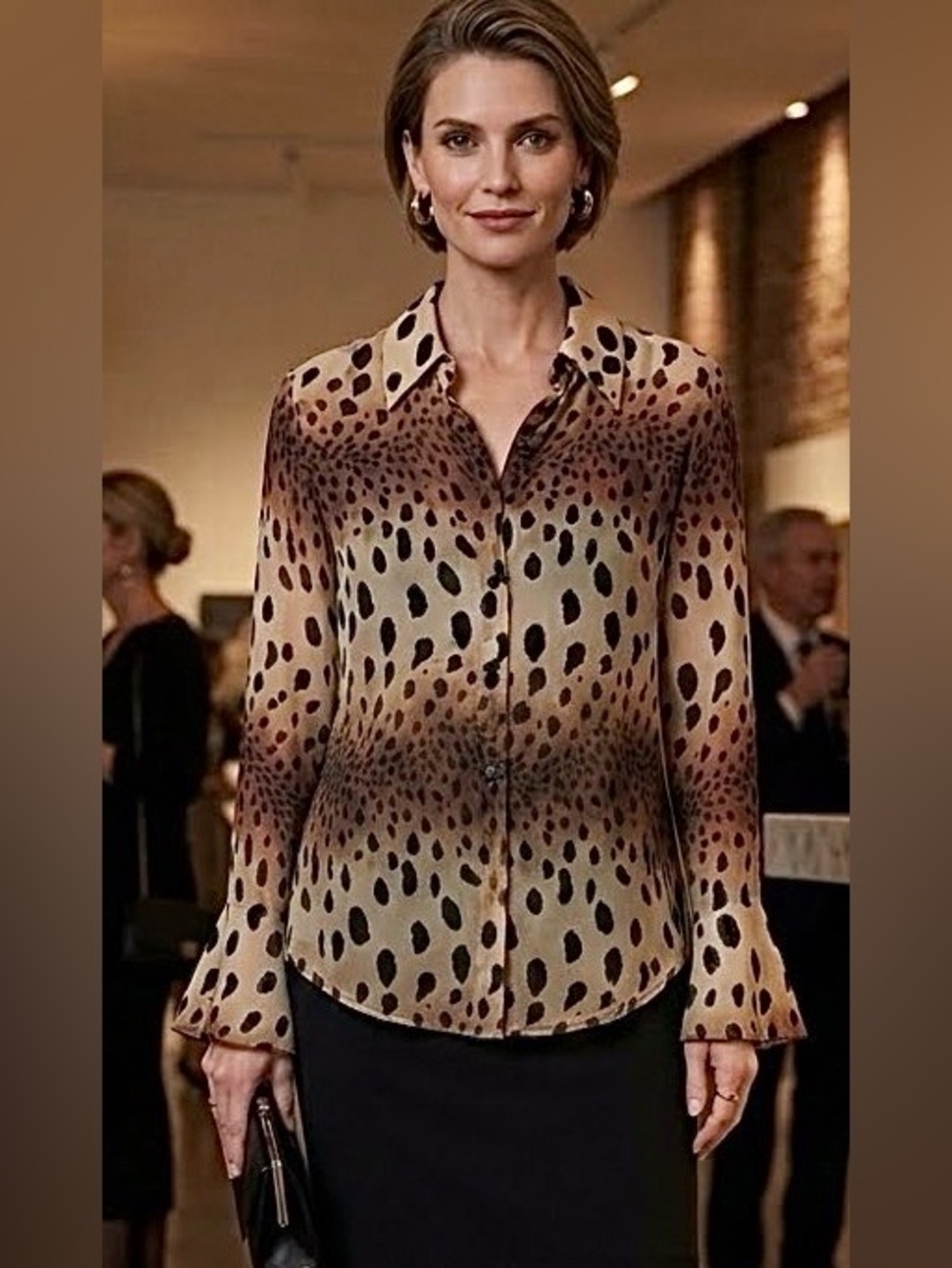 Rare Vintage ROBERTO CAVALLI Sheer Leopard Silk Chiffon Blouse Sequined Trim L - Picture 2 of 8
